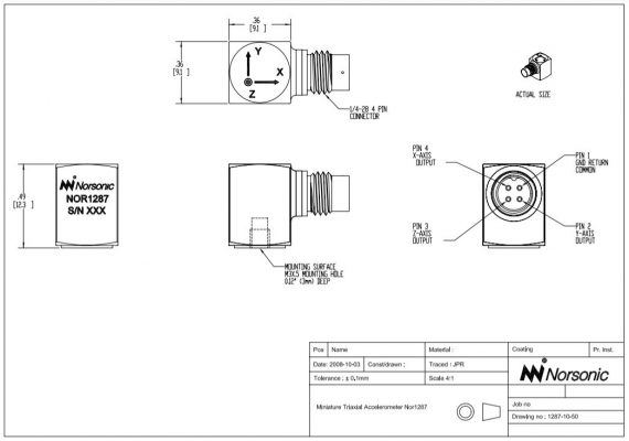 bản vẽ Cảm biến đo độ rung Triaxial Norsonic Nor1287